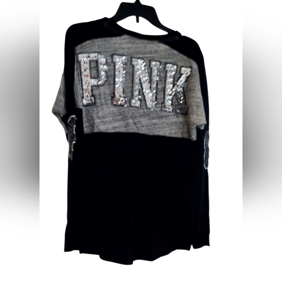 Victoria's Secret Black and Gray Sequin Logo Long Sleeve Top - Picture 2 of 4